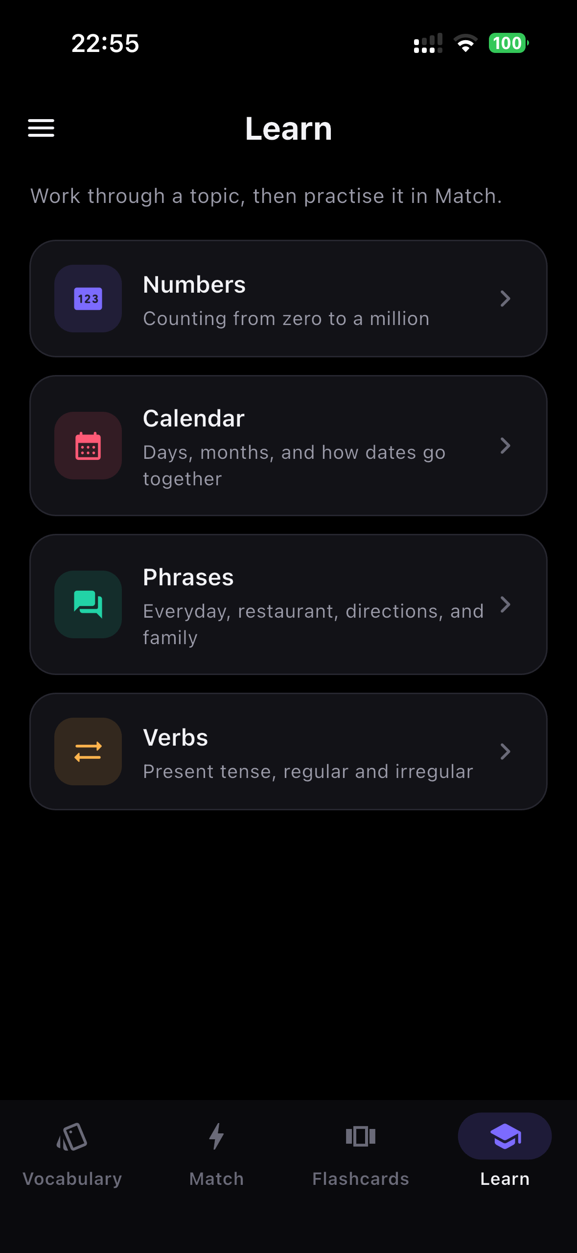 Learn screen showing built-in topics