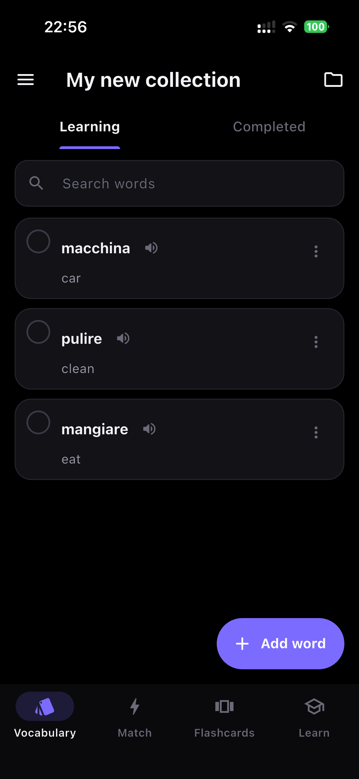Vocabulary screen showing a custom collection